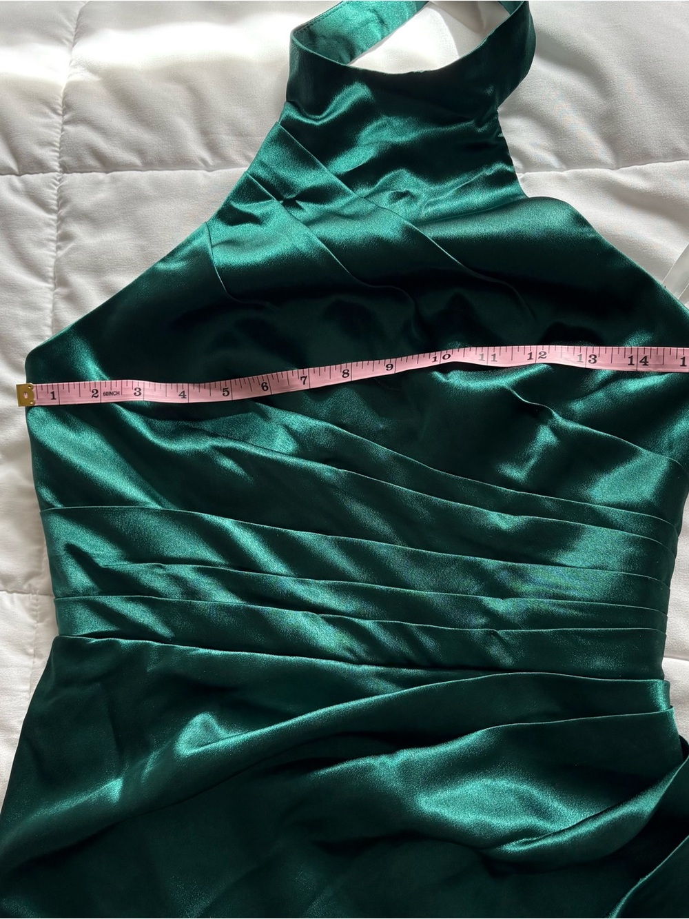 Azazie Women’s “Jenna” Emerald Sheath Pleated High-Neck Ruched Satin Dress - Picture 10 of 14
